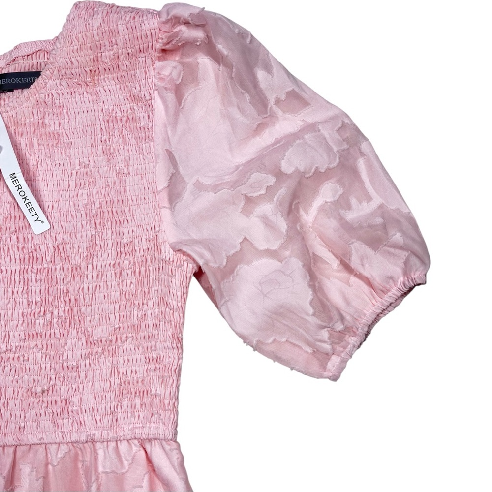 Merokeety Pink Short Puff Sleeve Midi-Dress Floral Design. Size Medium - Picture 4 of 14